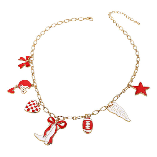 Red & White Western Theme Football Charm Necklace