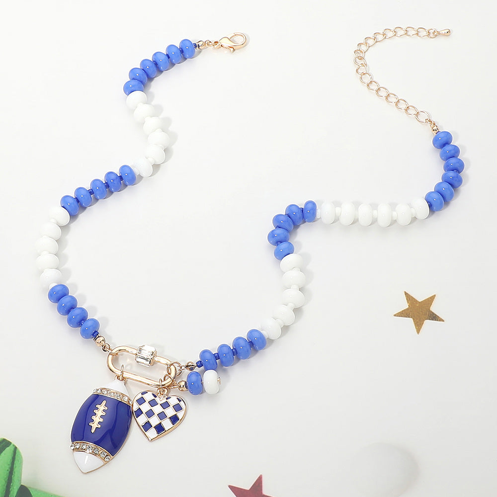 Blue & White Football Team Beaded Charm Necklace