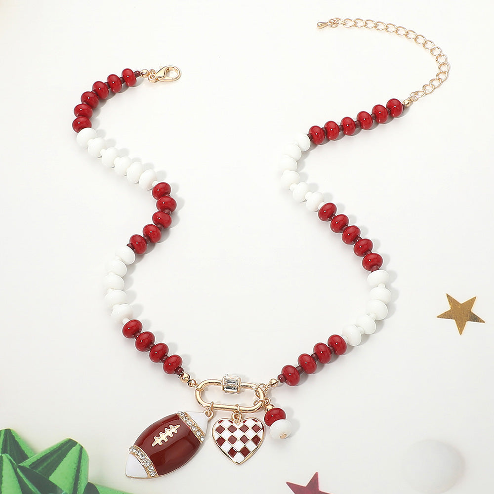Crimson & White Football Team Beaded Charm Necklace