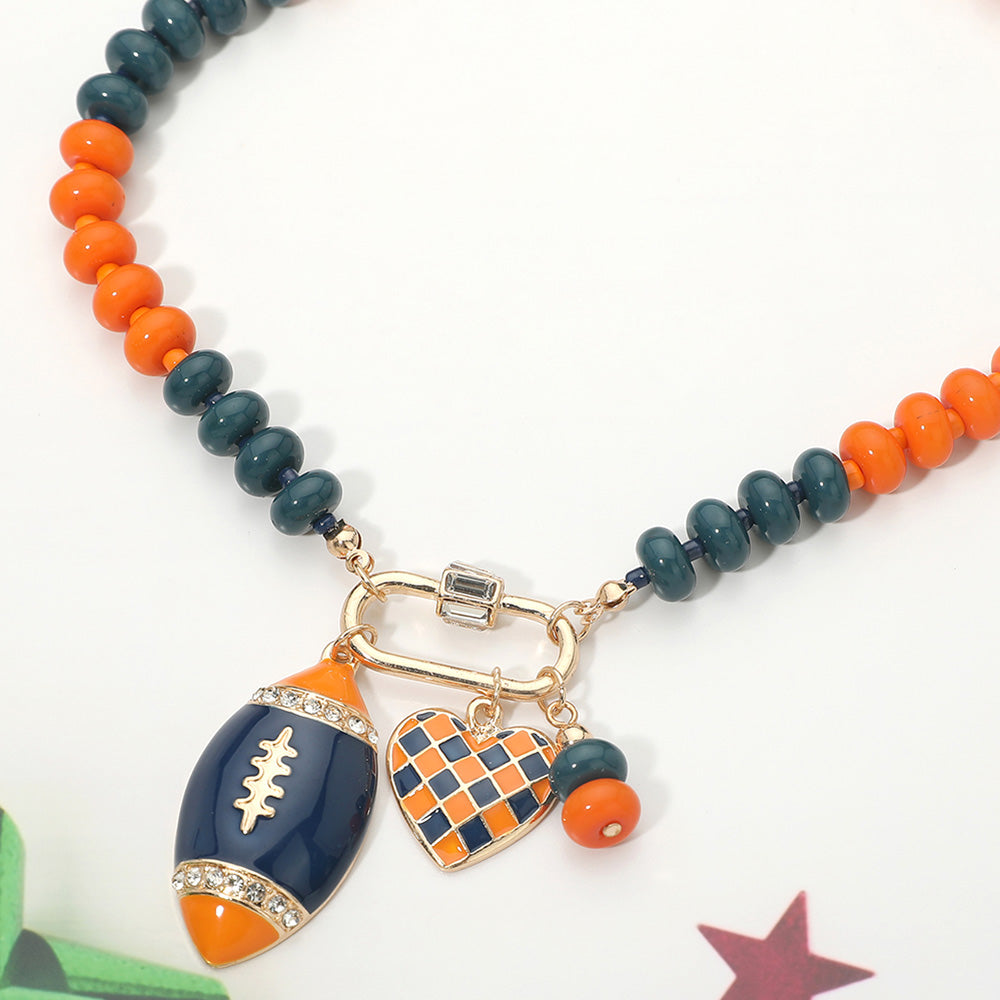 Orange & Blue Football Team Beaded Charm Necklace