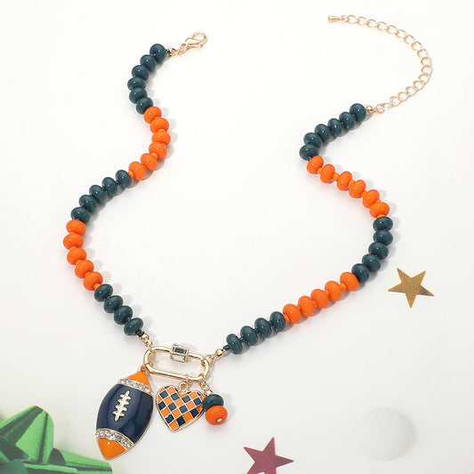 Orange & Blue Football Team Beaded Charm Necklace