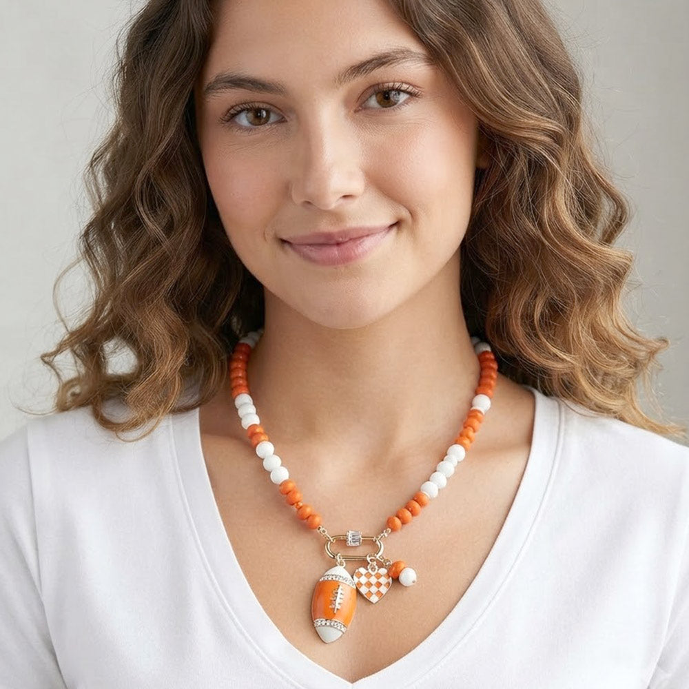 Orange & White Football Team Beaded Charm Necklace