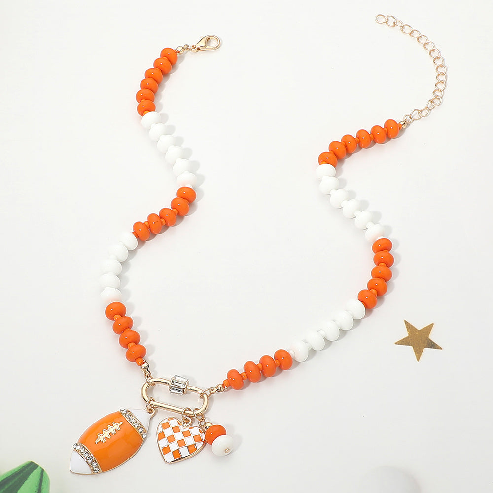 Orange & White Football Team Beaded Charm Necklace