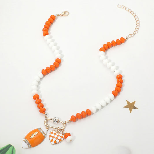 Orange & White Football Team Beaded Charm Necklace