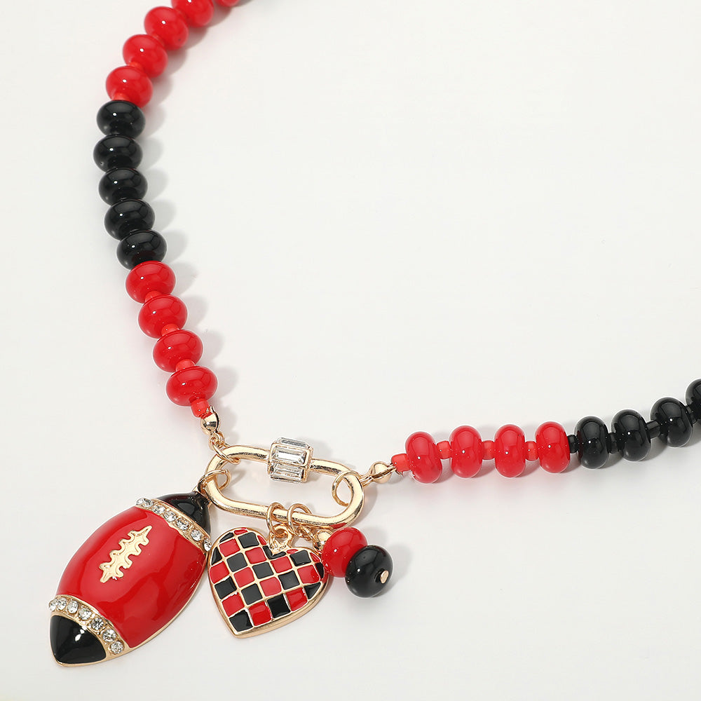 Red & Black Football Team Beaded Charm Necklace
