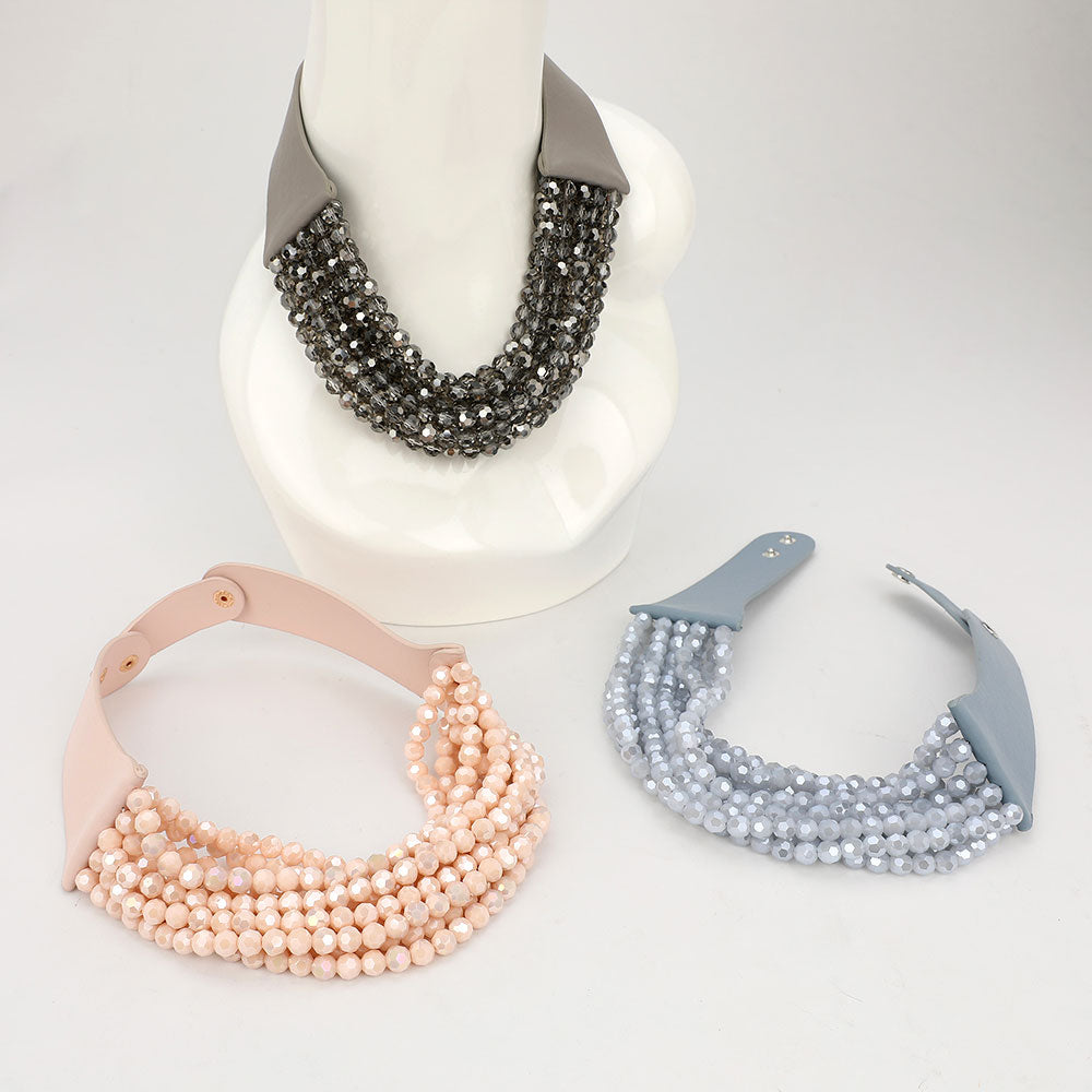 Simone Dark Gray Sparkle Beaded Leather Collar Magnetic Necklace