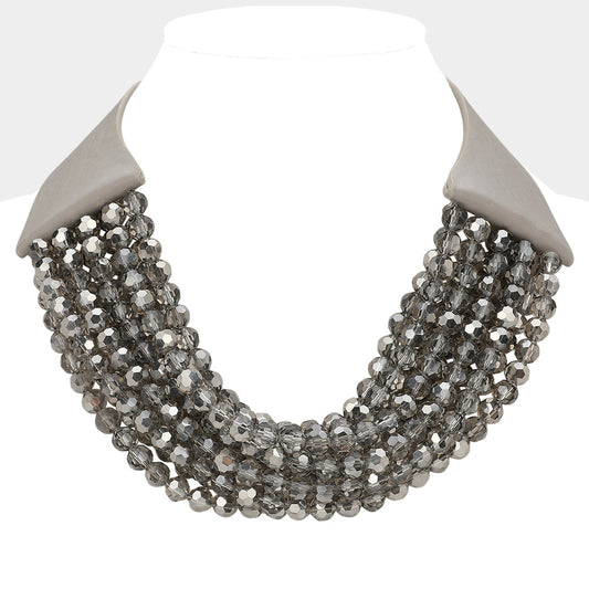 Simone Dark Gray Sparkle Beaded Leather Collar Magnetic Necklace