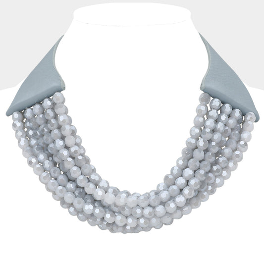 Simone Gray Sparkle Beaded Leather Collar Magnetic Necklace