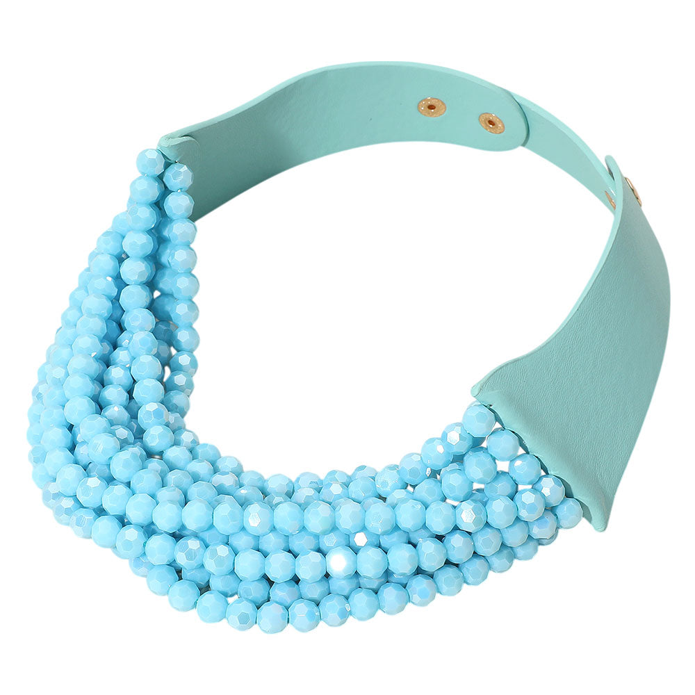 Simone Aqua Sparkle Beaded Leather Collar Magnetic Necklace