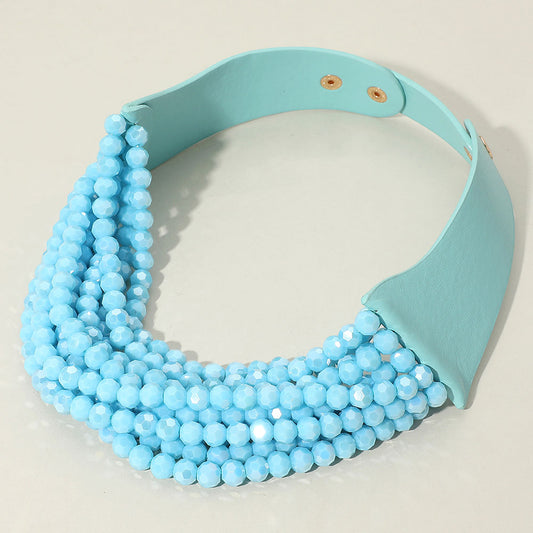 Simone Aqua Sparkle Beaded Leather Collar Magnetic Necklace