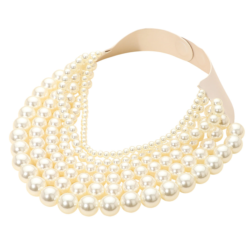 Casie Cream Pearl Beaded Leather Magnetic Collar Necklace