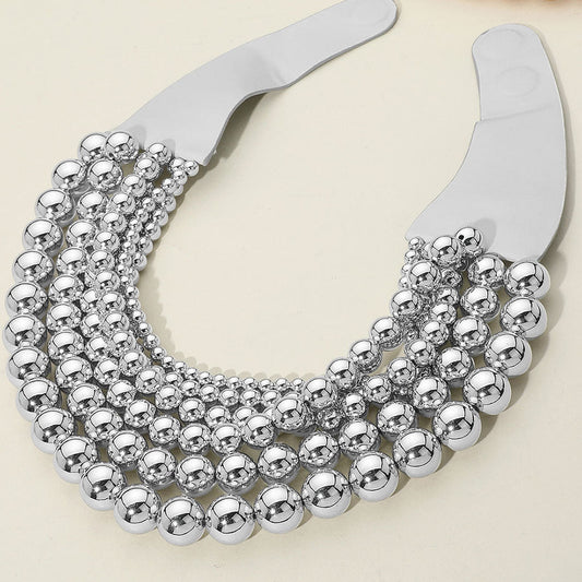 Casie Silver Beaded Leather Magnetic Collar Necklace