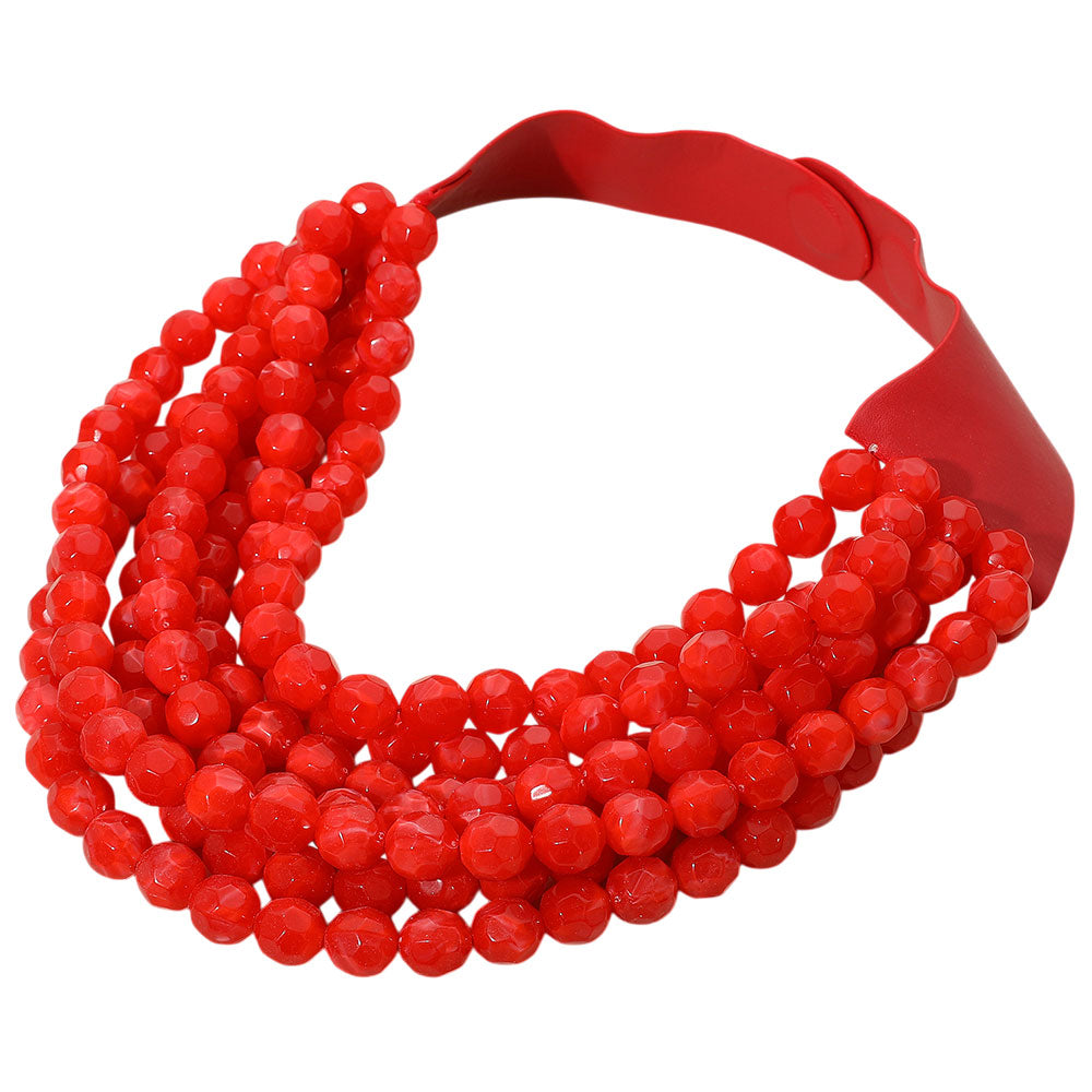 Brook Red Facet Beaded Leather Magnetic Collar Necklace