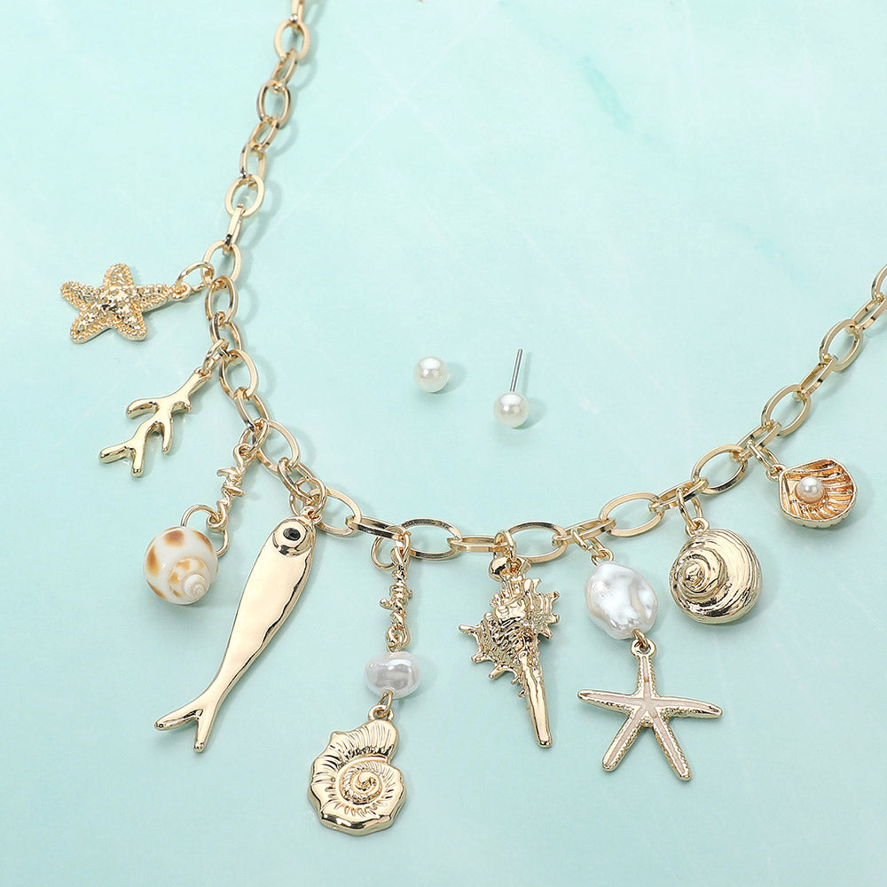Sardines & Seashells Gold Charm Necklace
