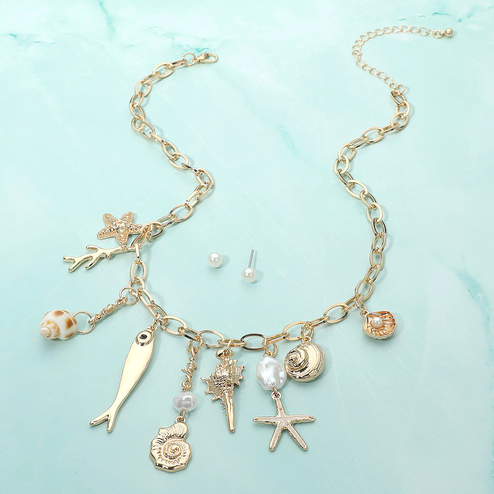 Sardines & Seashells Gold Charm Necklace