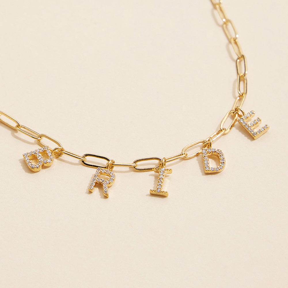 18K Gold Dipped Rhinestone BRIDE Paperclip Chain Necklace - Love Calliope