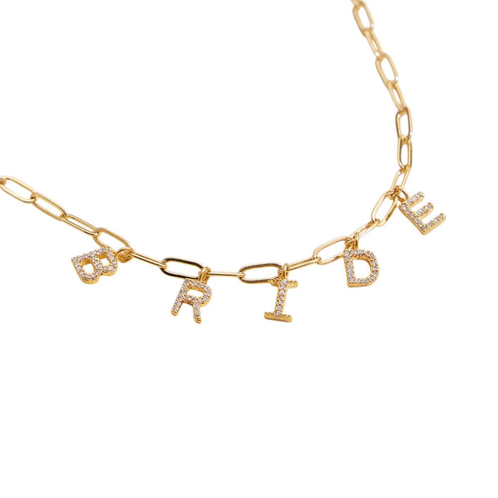 18K Gold Dipped Rhinestone BRIDE Paperclip Chain Necklace - Love Calliope