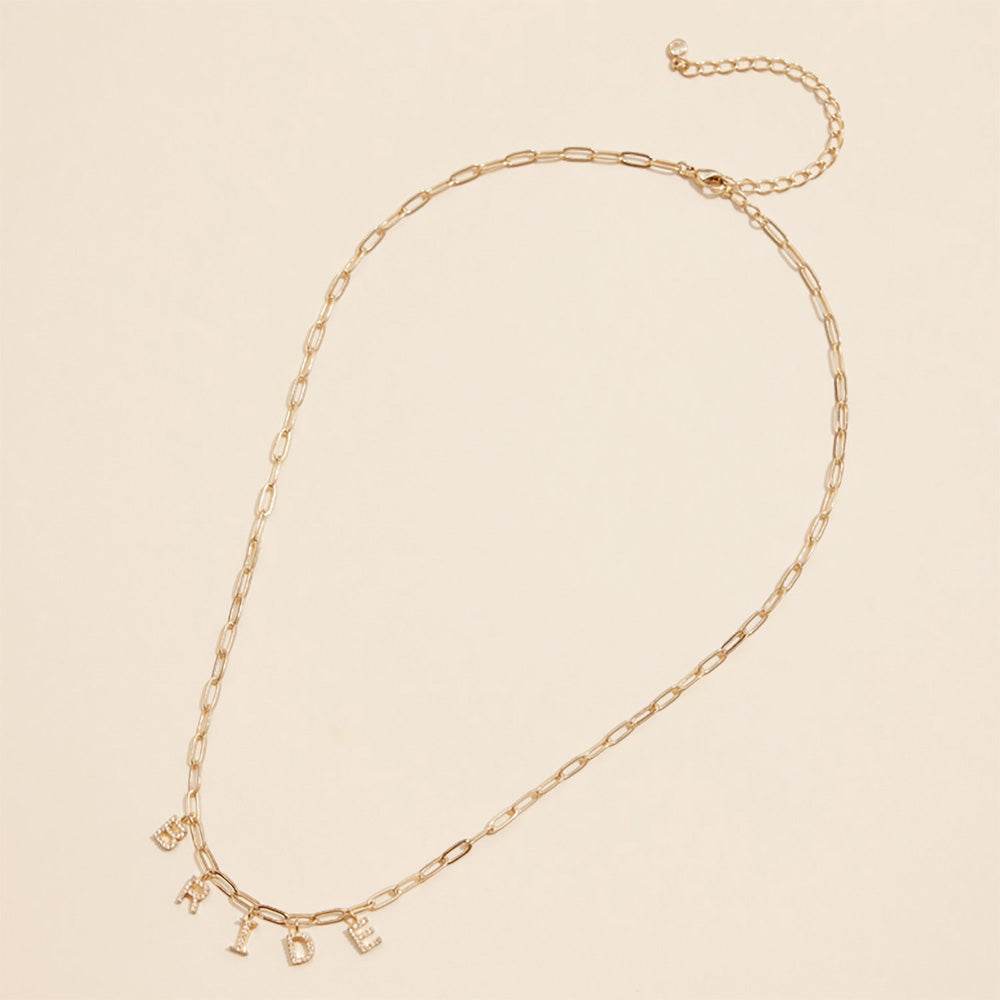 18K Gold Dipped Rhinestone BRIDE Paperclip Chain Necklace - Love Calliope