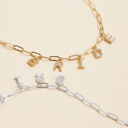 18K Gold Dipped Rhinestone BRIDE Paperclip Chain Necklace - Love Calliope