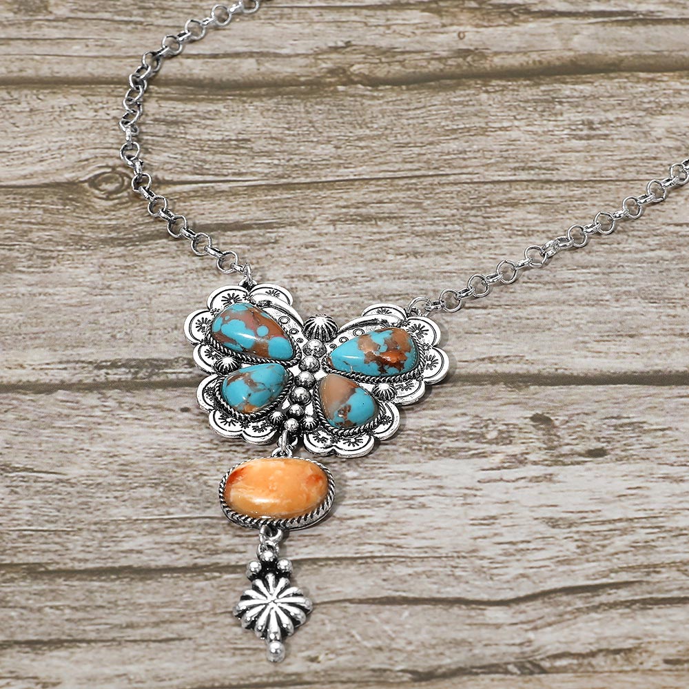 Silver Butterfly Western Stone Necklace Earrings SET
