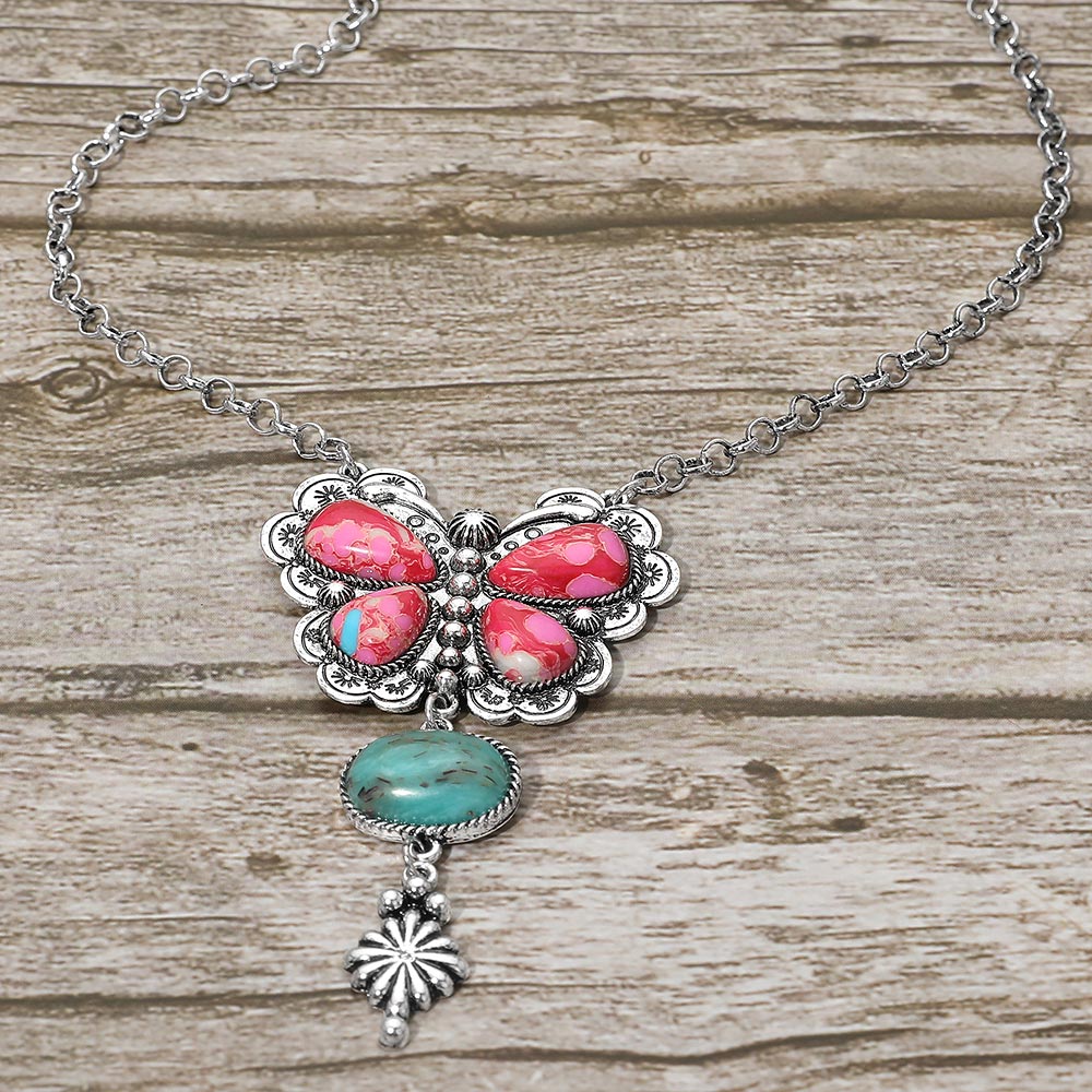 Silver Butterfly Western Stone Necklace Earrings SET