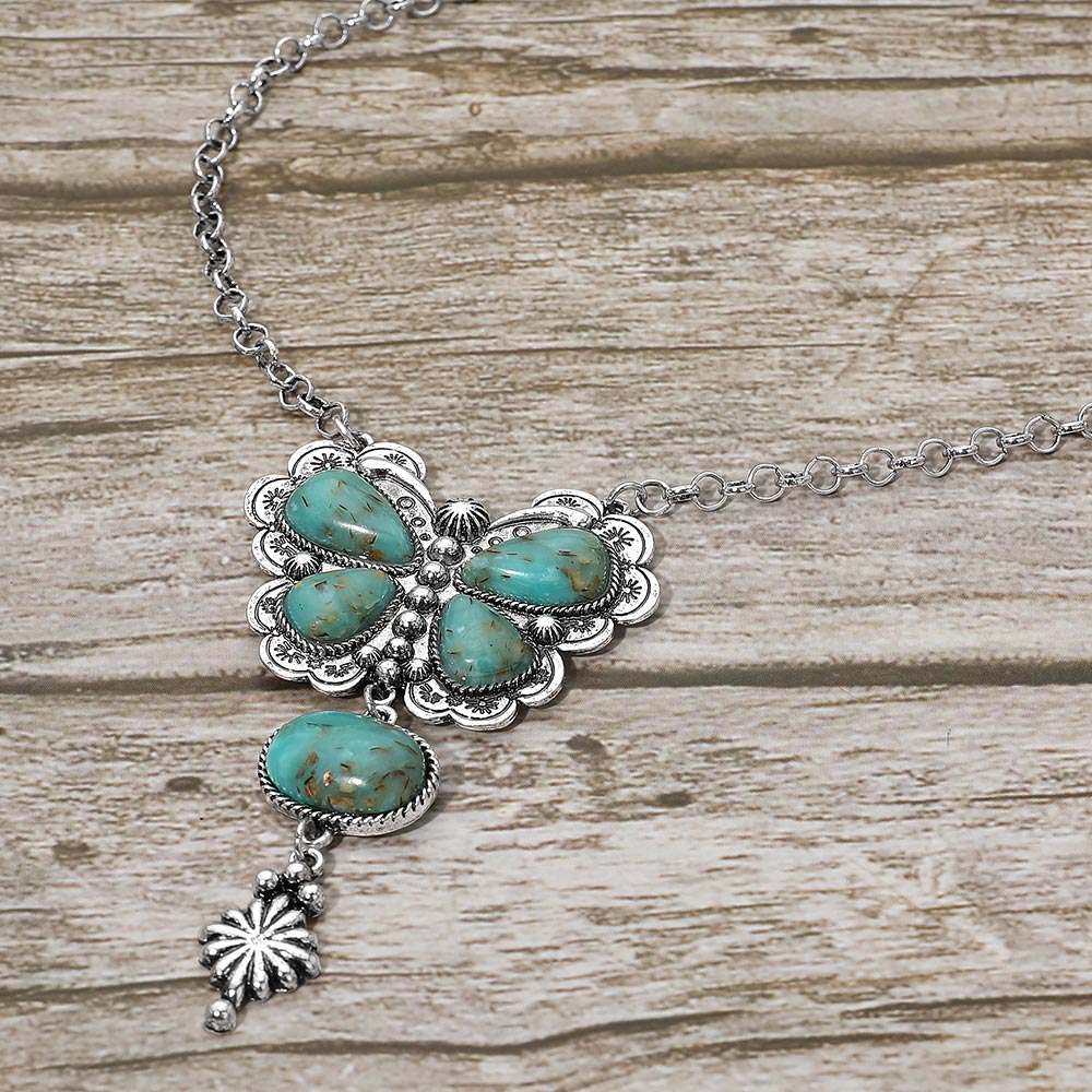 Silver Butterfly Western Stone Necklace Earrings SET