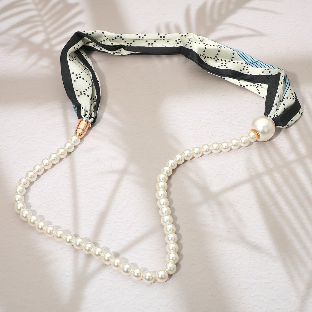 Pattern Print Fabric Scarf Pearl Necklace