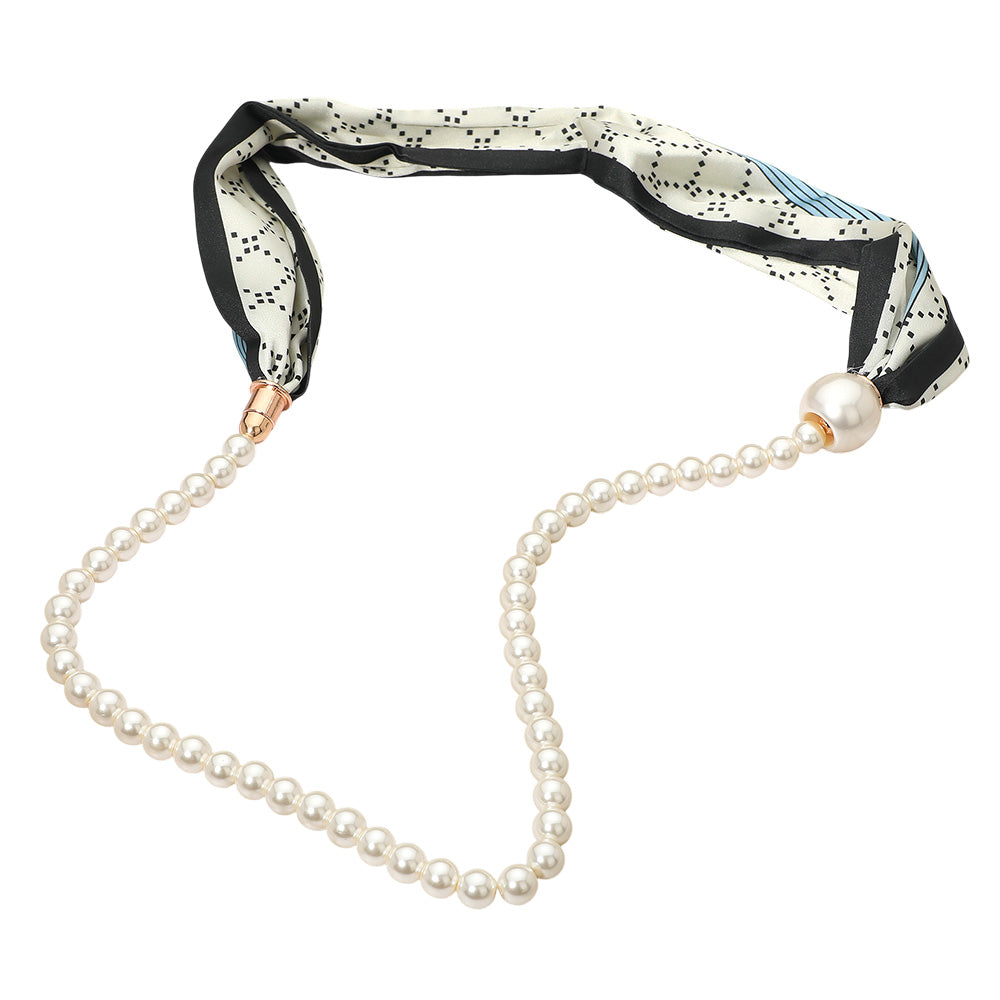 Pattern Print Fabric Scarf Pearl Necklace