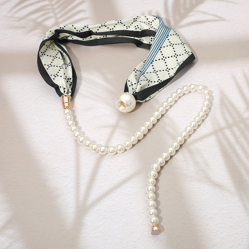 Pattern Print Fabric Scarf Pearl Necklace