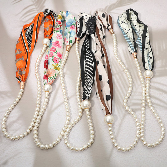 Pattern Print Fabric Scarf Pearl Necklace