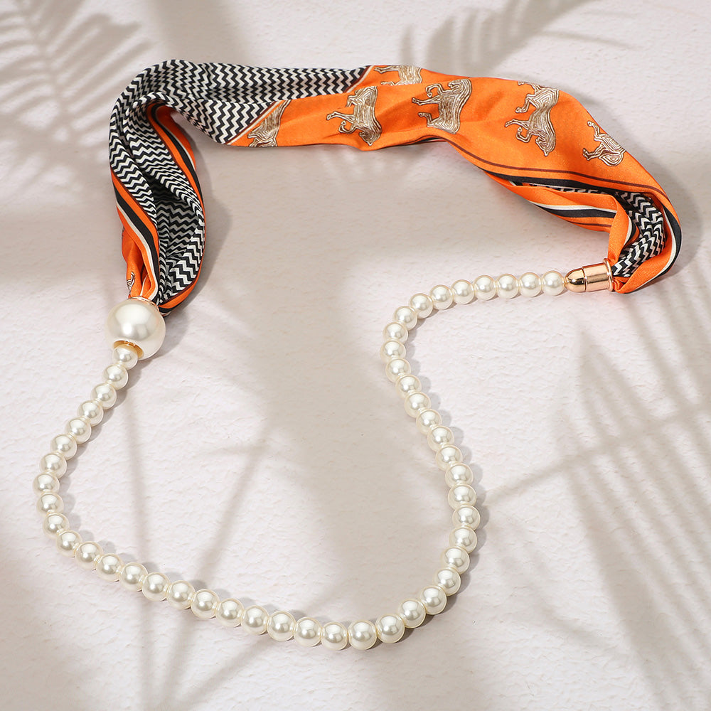 Pattern Print Fabric Scarf Pearl Necklace