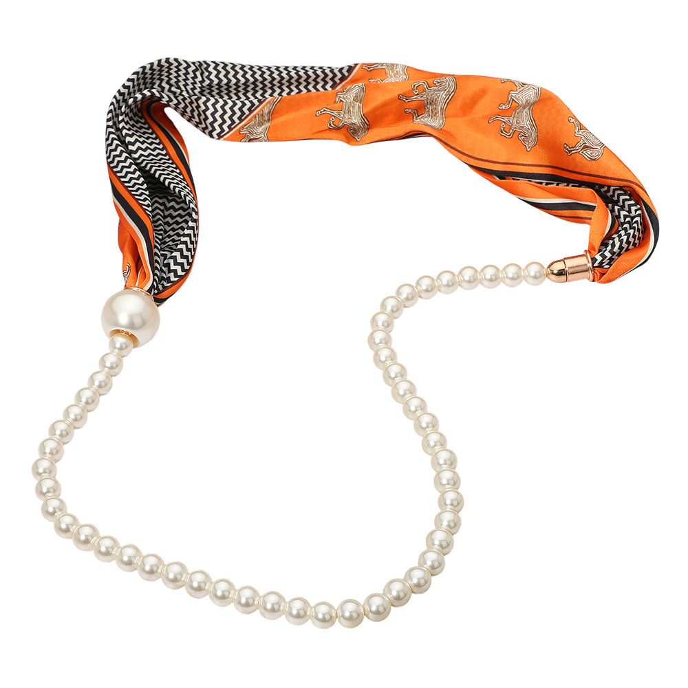 Pattern Print Fabric Scarf Pearl Necklace