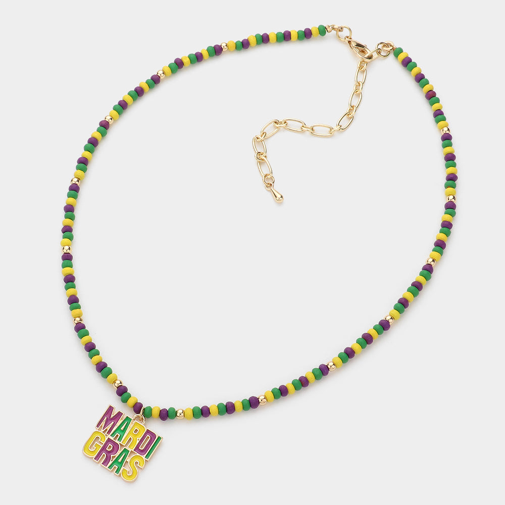 Mardi Gras Message Pendant Wood Bead Necklace