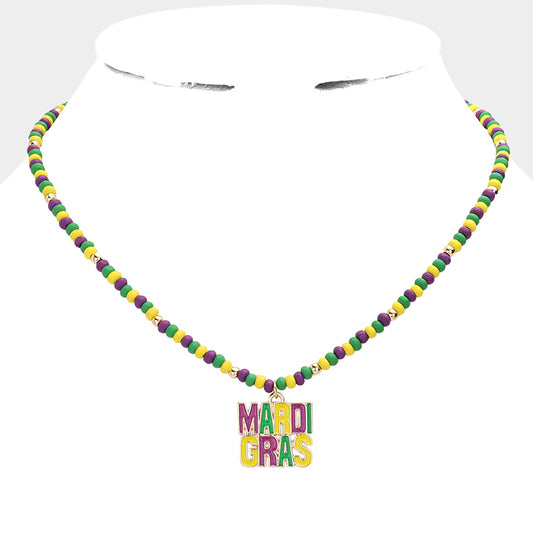Mardi Gras Message Pendant Wood Bead Necklace