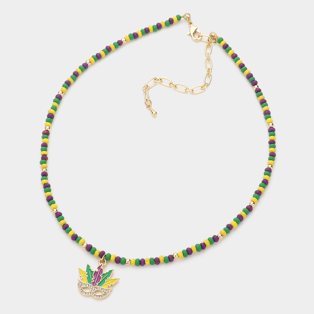 Mardi Gras Mask Pendant Wood Bead Necklace