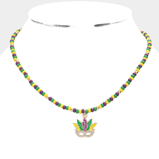 Mardi Gras Mask Pendant Wood Bead Necklace