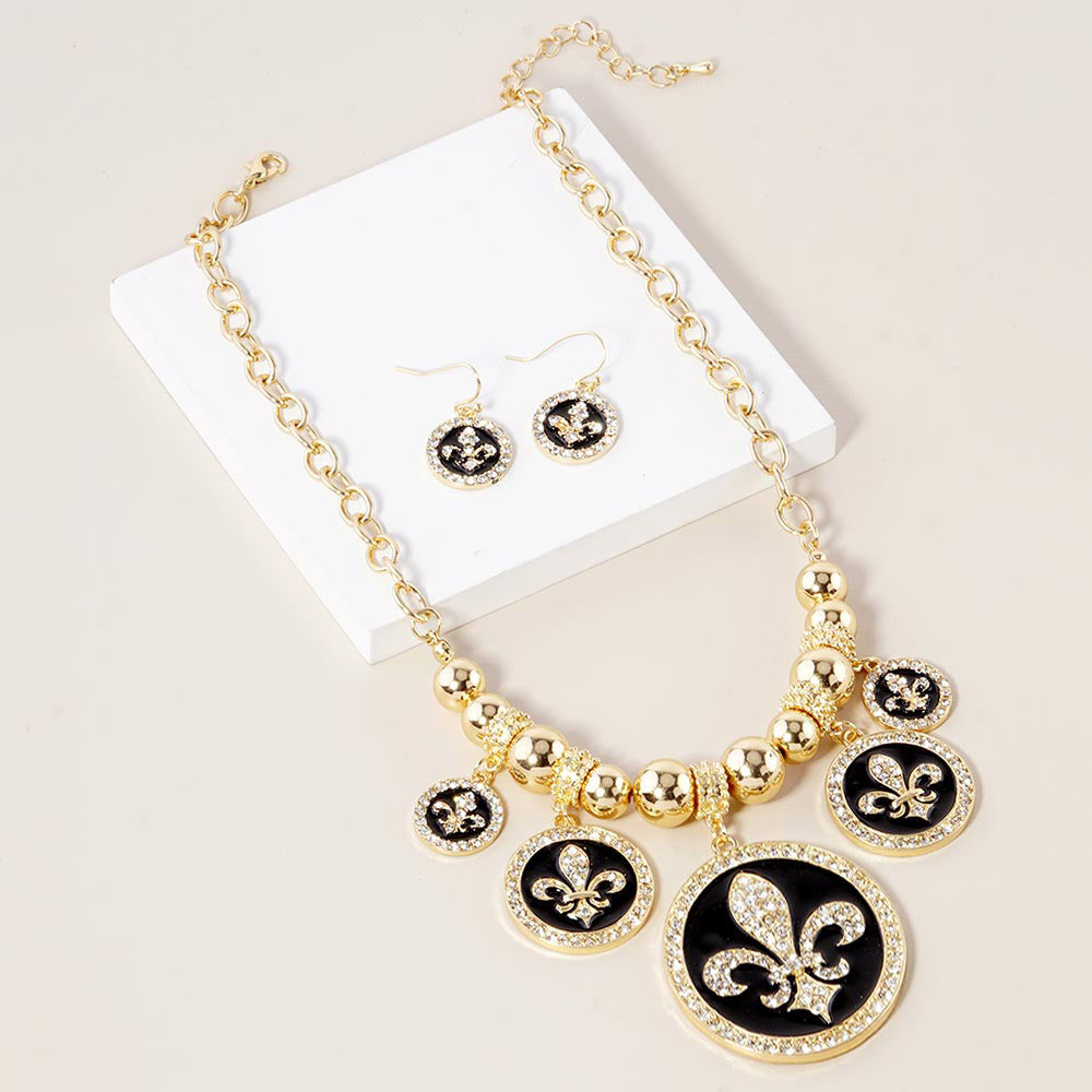 Fleur de Lis Medallion Rhinestone Necklace SET
