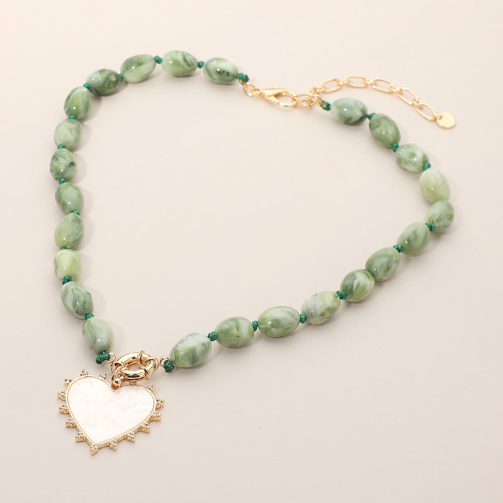 Mother of Pearl Heart Green Beaded Necklace