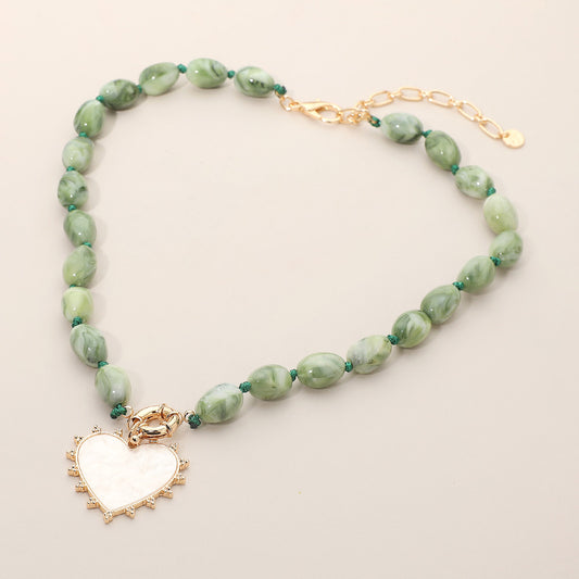 Mother of Pearl Heart Green Beaded Necklace
