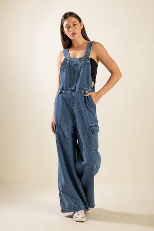 LET ME TALK DENIM CARGO OVERALLS