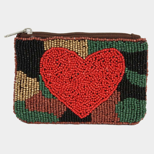 CAMO Heart Beaded Coin Storage Pouch
