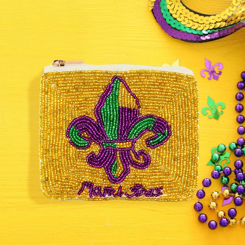 Fleur de Lis Mardi Gras Beaded Coin Pouch Bag
