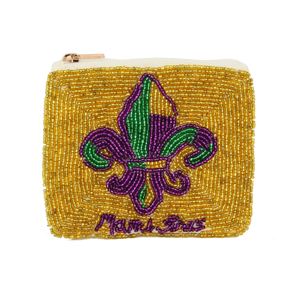 Fleur de Lis Mardi Gras Beaded Coin Pouch Bag