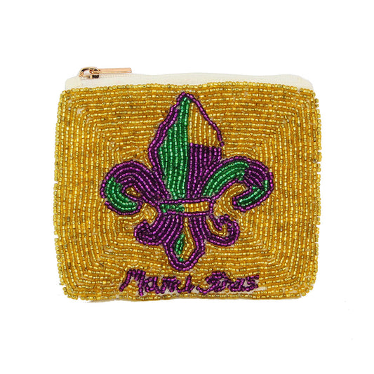 Fleur de Lis Mardi Gras Beaded Coin Pouch Bag