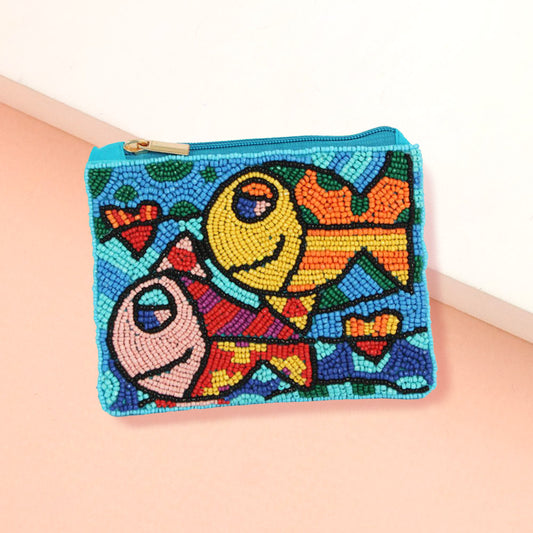 Swimming Together Fish Beaded Mini Pouch Bag