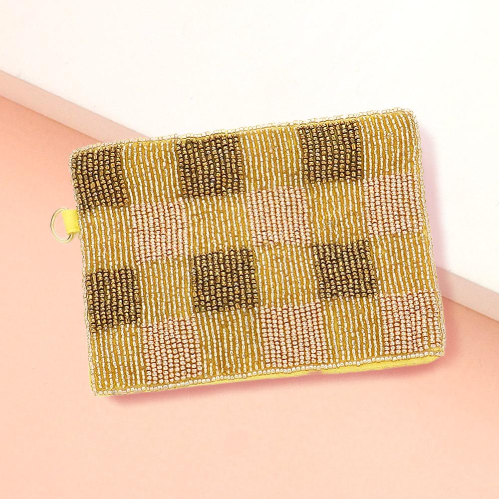 Gold Patterned Seed Beaded Mini Pouch Wristlet Chain Bag