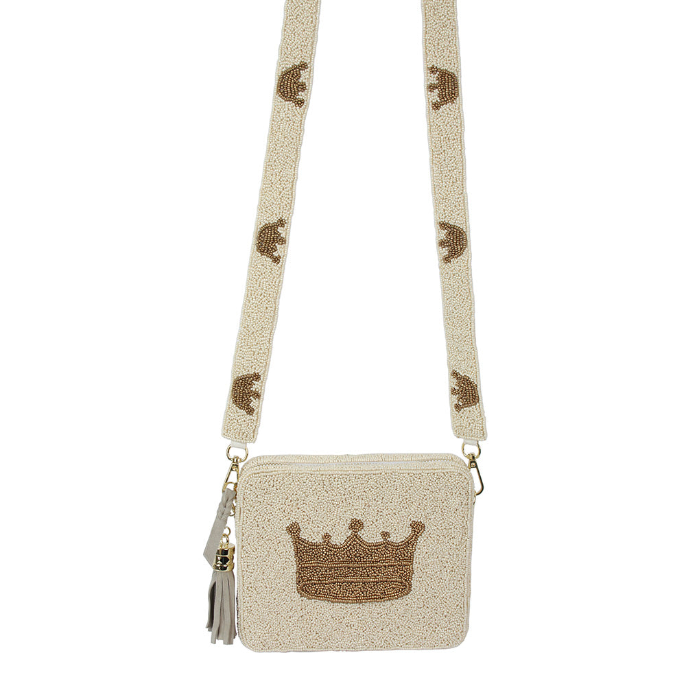 Seed Beaded Queen Crown Crossbody Tassel Box Bag