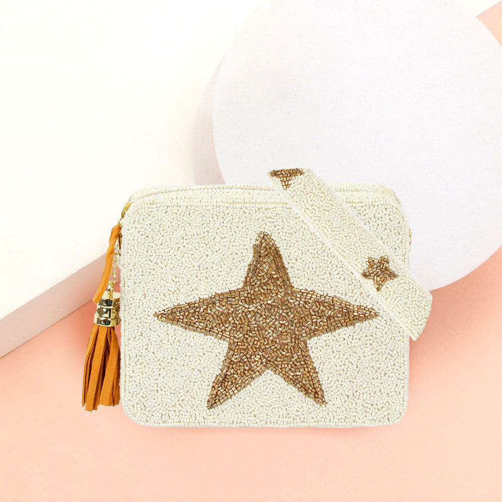 Seed Beaded Gold Star Crossbody Tassel Box Bag