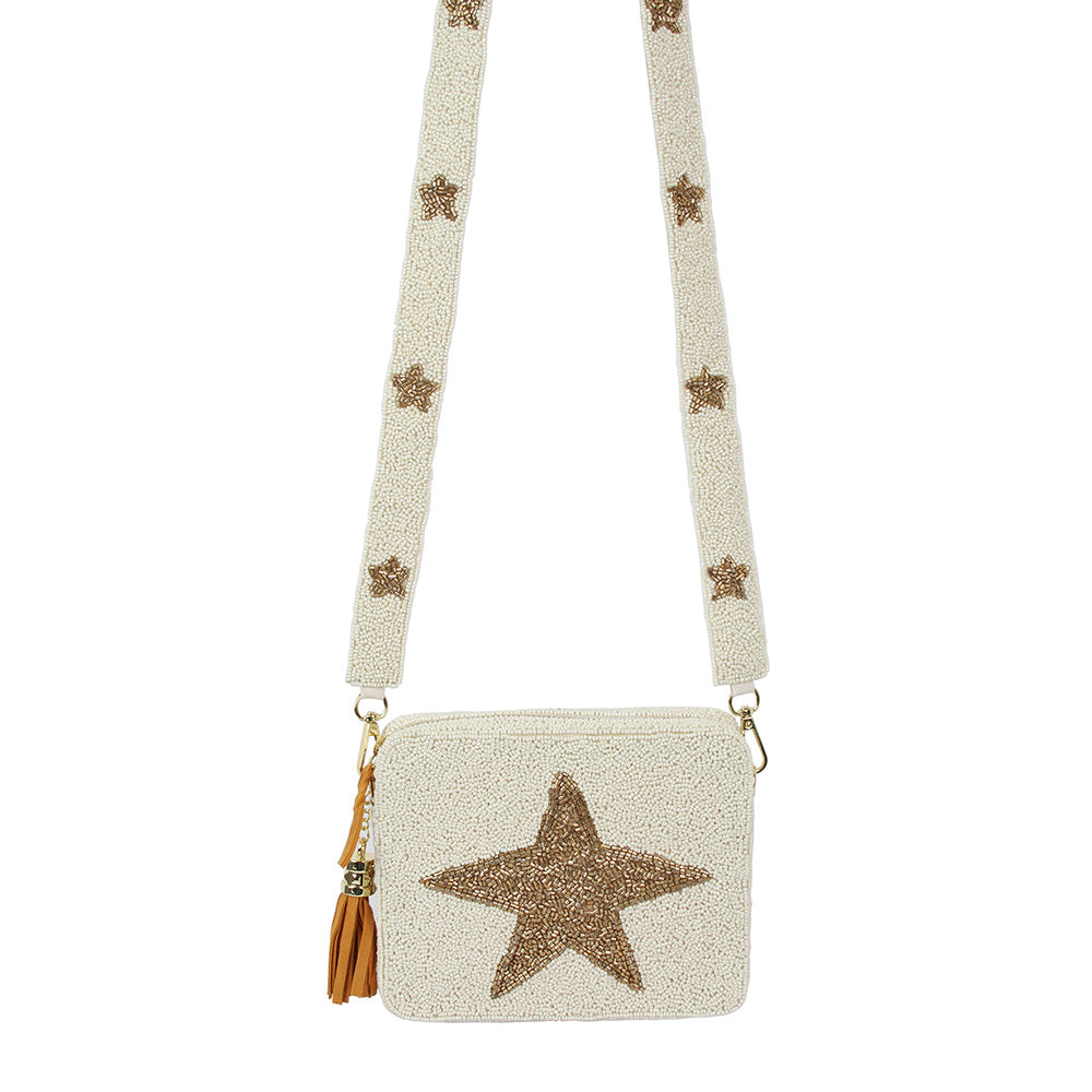 Seed Beaded Gold Star Crossbody Tassel Box Bag