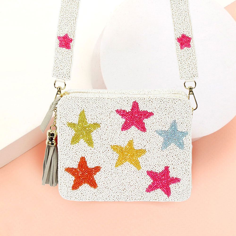 Seed Beaded Stars Colorful Crossbody Tassel Box Bag
